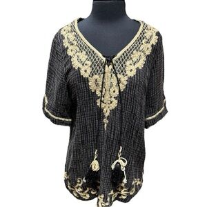 Soft Surroundings Vintage Sahara Embroidered Black Cream Gauze Tunic Size Large